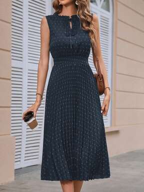 SHEIN Clasi Swiss Dot Tie Neck Pleated Hem Dress Maxi Women Outfit