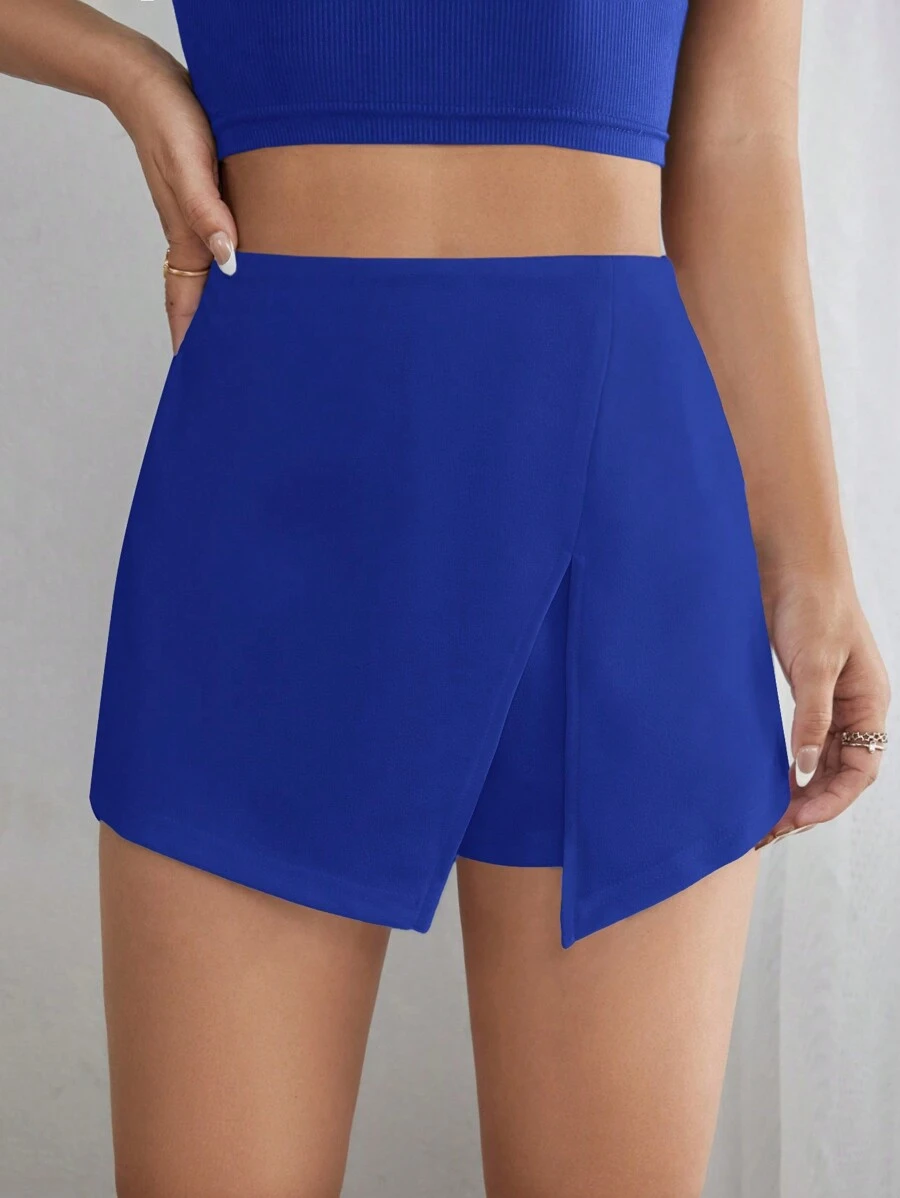 SHEIN PETITE Chất rắn Viền chia cắt Váy quần - Xanh đậm - Xem 1