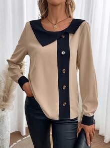 EMERY ROSE 撞色领扣细节衬衫，长袖上衣 - 卡其色 - 查看 6