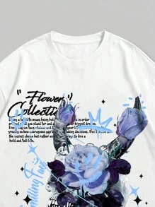 ROMWE MEN Street Life Camiseta masculina floral e com slogan, escola - Branco - Ver 5