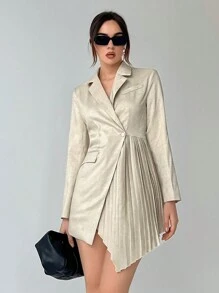 Aloruh Cổ áo Chi tiết xếp nếp Viền không đối xứng Váy blazer - Màu Khaki - Xem 5