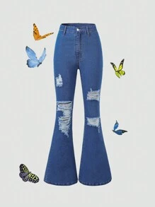 青少年女孩破洞牛仔喇叭褲