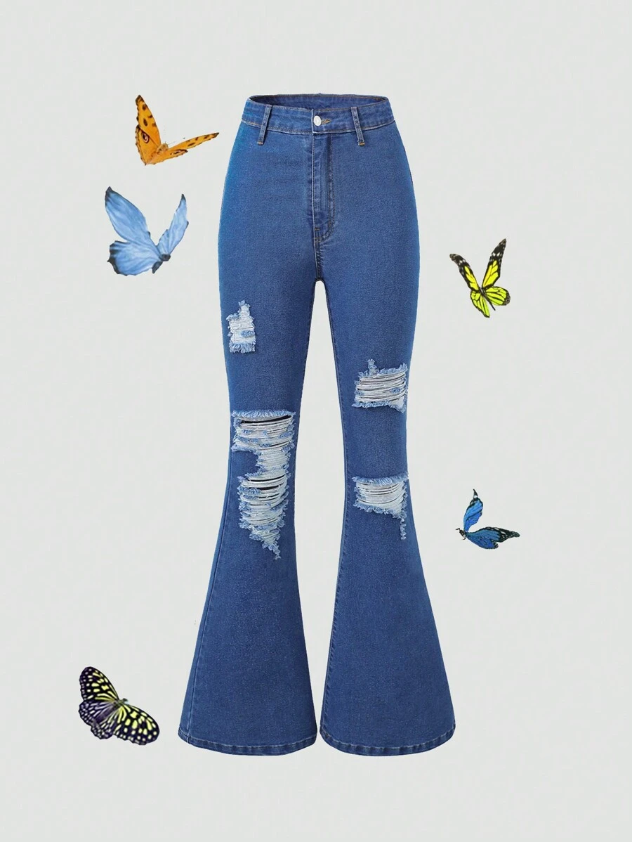 青少年女孩破洞牛仔喇叭褲