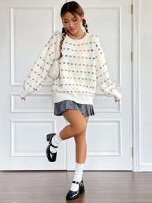 SHEIN EZwear 滿版刺繡圖案落肩袖套頭毛衣 - 米色 - 查看 5