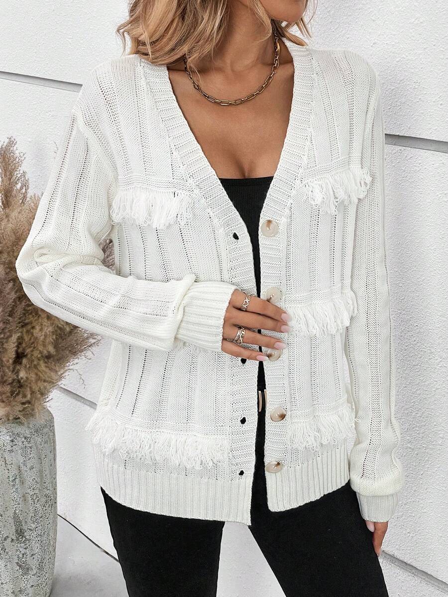 SHEIN Essnce Viền rìa Nút phía trước Áo len Mở - trắng - Xem 1