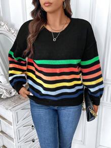 Calvaya Plus Color Block Drop Shoulder Sweater - Multicolor - View 5