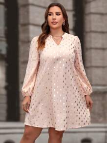 SHEIN Clasi Plus Gold Dot Print Lantern Sleeve Dress - Pink - View 4