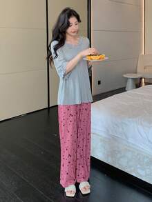 DAZY 貼花幾何女士家居服套裝 - 灰色 - 查看 6