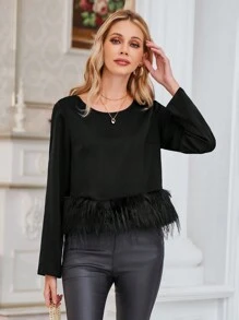 SHEIN LUNE Blusa unicolor con diseño lanudo - Negro - Ver 4