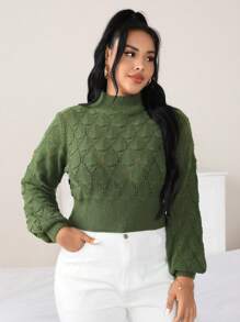 Celure Áo len cổ cao tay phồng dáng suông, thích hợp mặc mùa thu đông. - xanh quân đội - Xem 4