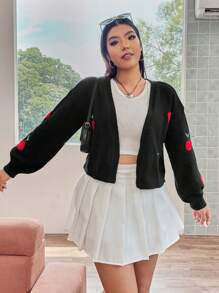 SHEIN Qutie Plus Cherry Pattern Drop Shoulder Duster Cardigan - Black - View 5