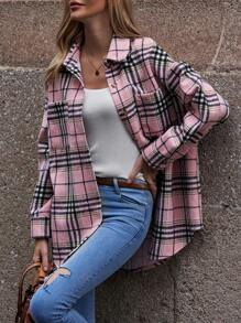 SHEIN LUNE 格紋印花落肩袖弧形下擺外套