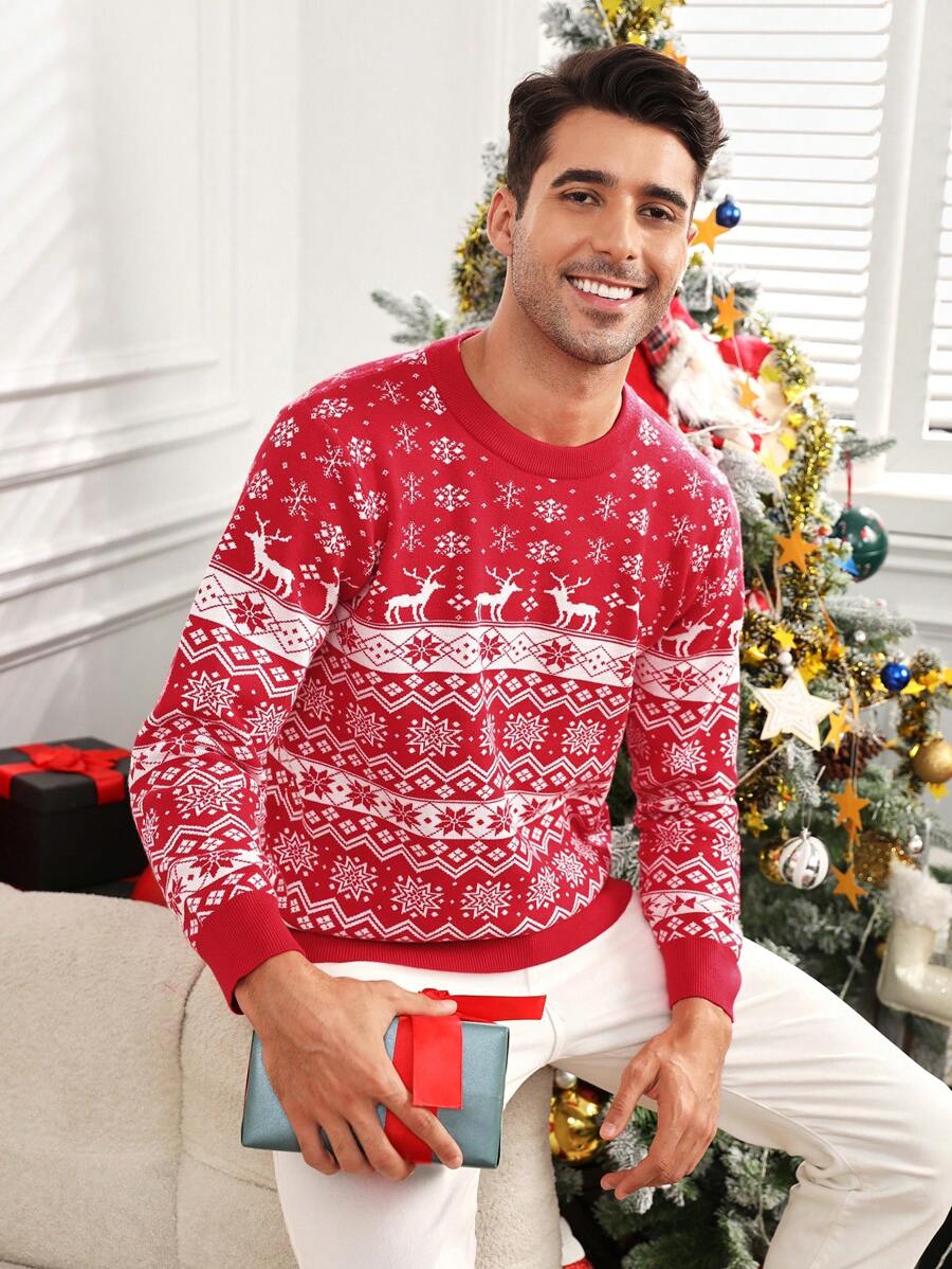 Manfinity VCAY Homme Pull Motif Noël - Rouge et Blanc - Voir 1