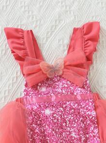 SHEIN Baby Girl Ruffle Trim Contrast Mesh Costume Bodysuit Dress - Pink - View 5