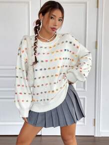 SHEIN EZwear 滿版刺繡圖案落肩袖套頭毛衣 - 米色 - 查看 1