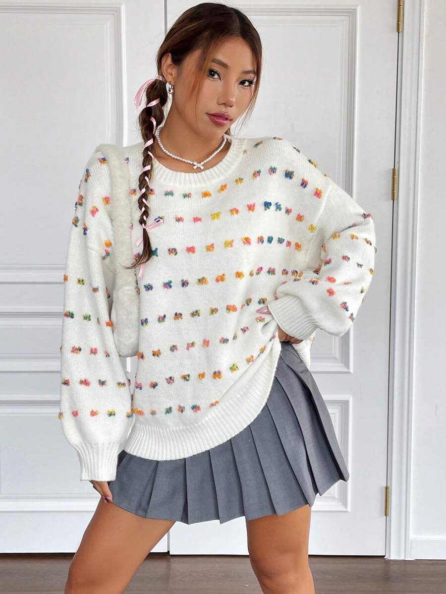 SHEIN EZwear 滿版刺繡圖案落肩袖套頭毛衣 - 米色 - 查看 1