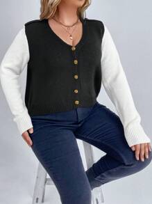 SHEIN LUNE Plus Two Tone Button Front Cardigan