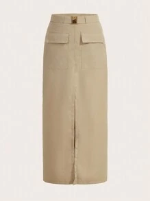 Flirla Plus Flap Pocket Split Hem Cargo Skirt - Camel - View 1