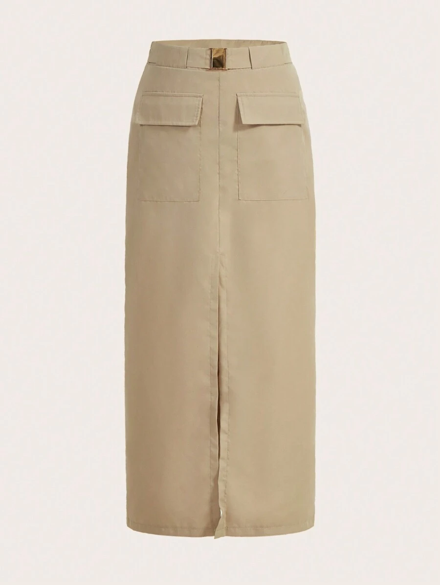 Flirla Plus Flap Pocket Split Hem Cargo Skirt - Camel - View 1