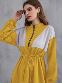 Mulvari Colorblock Drawstring Waist Drop Shoulder Dress - Yellow - View 3