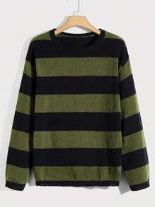 Men Striped Drop Shoulder Sweater - Green - View 2