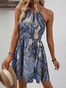 SHEIN LUNE Đầm Dải chun Paisley Boho - Màu xanh lam - Xem 4