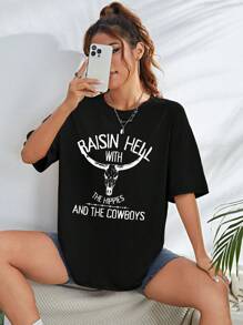 SHEIN EZwear 標語圖案落肩T恤 - 黑色 - 查看 3