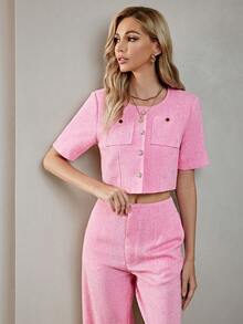 SHEIN Privé con parche de bolsillo Cazadora crop & Pantalones de pierna ancha - Rosa Pálido - Ver 6