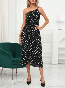 SHEIN Privé Polka Dot One Shoulder Ruffle Trim Wrap Hem Dress - Black - View 4