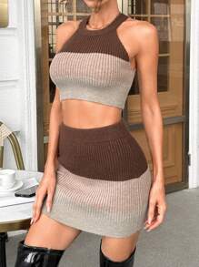 SHEIN Essnce 撞色短款吊脖針織上衣&針織短裙 - 彩色 - 查看 6