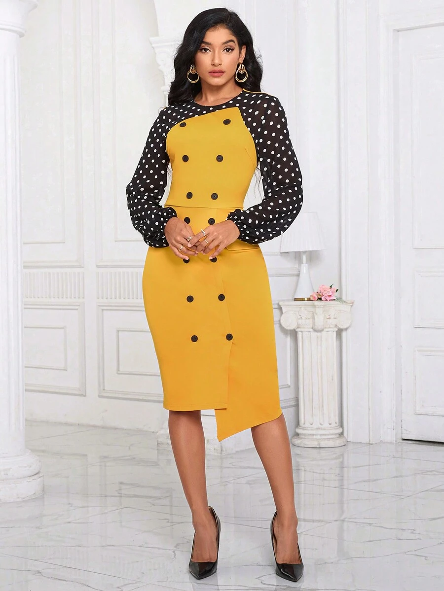 SHEIN Lady 波點圖案雙排釦不對稱下擺洋裝 - 彩色 - 查看 1