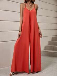 SHEIN LUNE Combinaison Ample À Fines Brides Unicolore - Orange - Voir 3