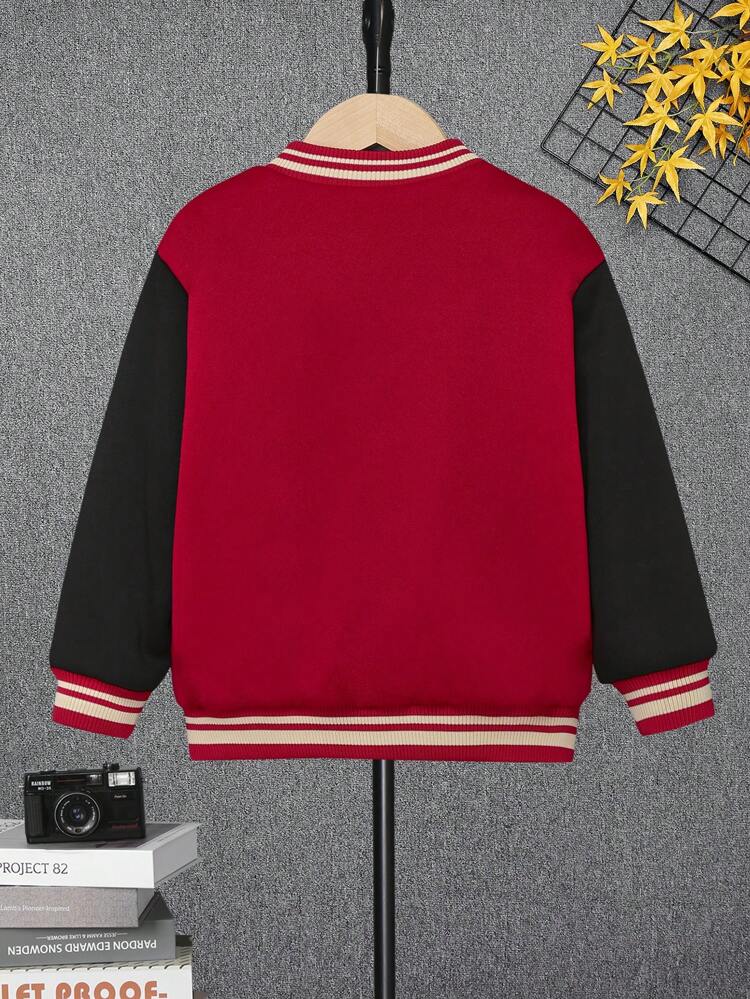 Young Boy Letter Patched Striped Trim Colorblock Drop Shoulder Varsity Jacket