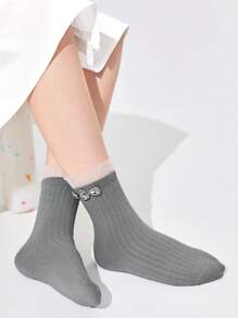 1pair Kids' Sparkly Bubble Edge Socks With Rhinestone Accent - Grey - View 2