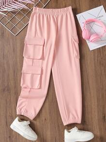 SHEIN Chica preadolescente Pantalones deportivos con bolsillo lateral con solapa - Rosa - Ver 1