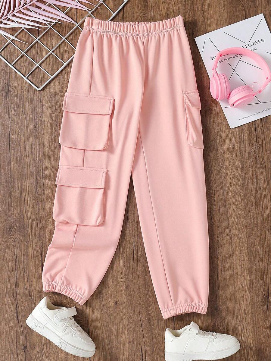 SHEIN Chica preadolescente Pantalones deportivos con bolsillo lateral con solapa - Rosa - Ver 1