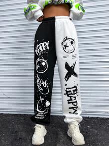 SHEIN Unity 女式休闲时尚街头卡通字母拼布印花松紧腰慢跑裤 - 黑與白 - 查看 6