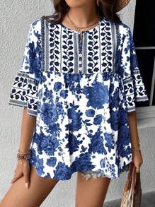 SHEIN LUNE 大碼印花缺口領荷葉袖荷葉邊下擺襯衫 - 藍色 - 查看 7