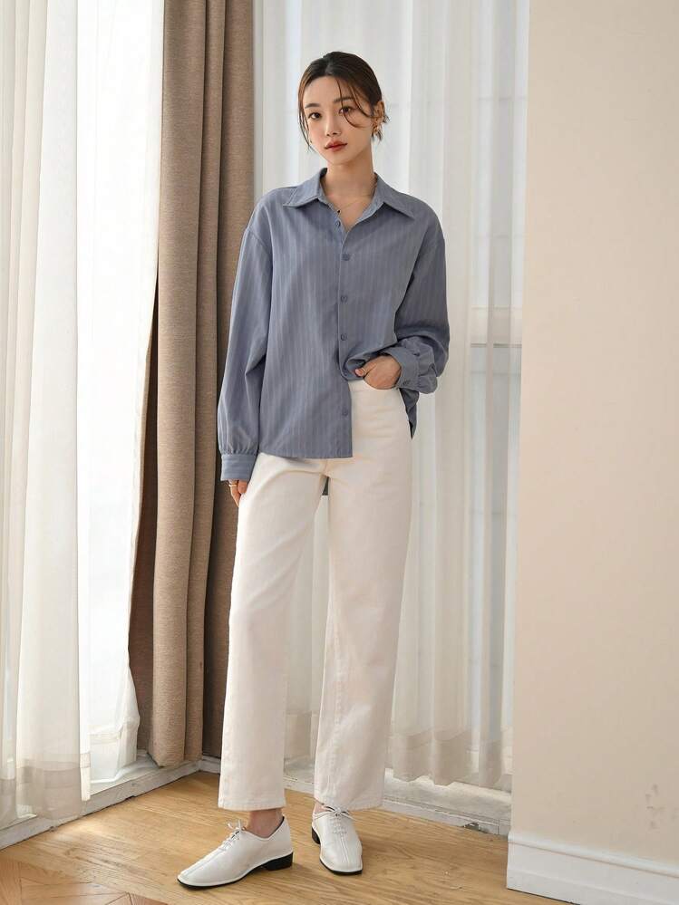 DAZY Striped Drop Shoulder Shirt Long Sleeve Top - Blue - View 3