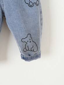 女嬰小熊印花翻蓋口袋牛仔背帶褲 - 淺色水洗藍 - 查看 6