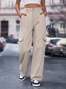 SHEIN EZwear Flap Pocket Cargo Jeans - Apricot - View 6