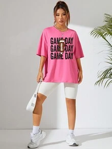 SHEIN EZwear Camiseta de hombros caídos con estampado de letra - Rosa Fucsia - Ver 7