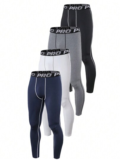 Manfinity Sport Corelite 4 piezas Leggings deportivos blancos con costuras de contraste y cinta con letras en el cinturón, estilo novio. 4 piezas Pantalones térmicos de base con forro, cintura elástica y compresión, unicolor, tela de punto, adecuados para ocasiones casuales y formales, pantalones térmicos de otoño/invierno