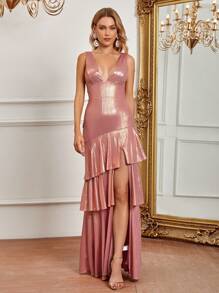 SHEIN Belle Plunging Neck Layer Hem Dress - Pink - View 3