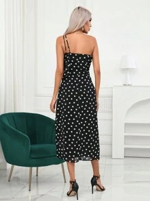 SHEIN Privé Polka Dot One Shoulder Ruffle Trim Wrap Hem Dress - Black - View 2