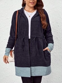 SHEIN LUNE 大碼雙色腰部抽繩連帽長款外套 - 彩色 - 查看 1