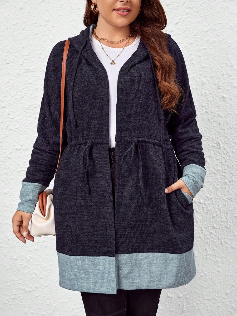 SHEIN LUNE 大碼雙色腰部抽繩連帽長款外套 - 彩色 - 查看 1