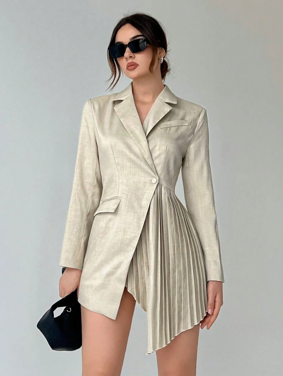 Aloruh Cổ áo Chi tiết xếp nếp Viền không đối xứng Váy blazer - Màu Khaki - Xem 1