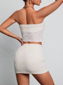 SHEIN PETITE 側抽繩抹胸上衣&包臀半身裙 - 米色 - 查看 2