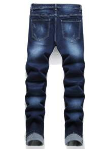 Manfinity LEGND Men Ripped Frayed Cat Scratch Skinny Jeans Slim Fit Long Washed Jean Cargo Plain Dark Blue Work Basic Husband - Medium Wash - View 2